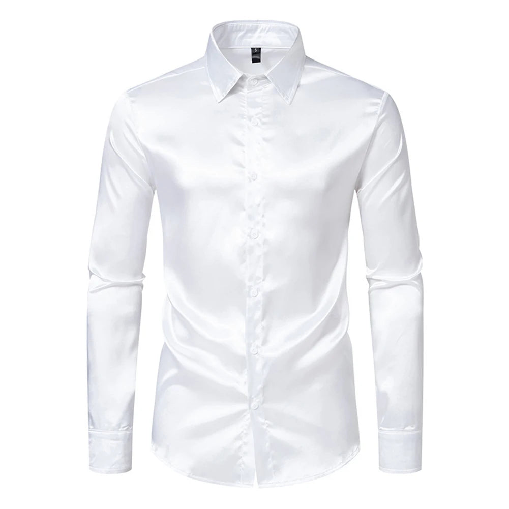 Men's Casual Satin Silk Shirts Single Breasted Button Lapel Collar Dress Shirt Slim Fit Fashion Party Long Sleeve Tops Clothing