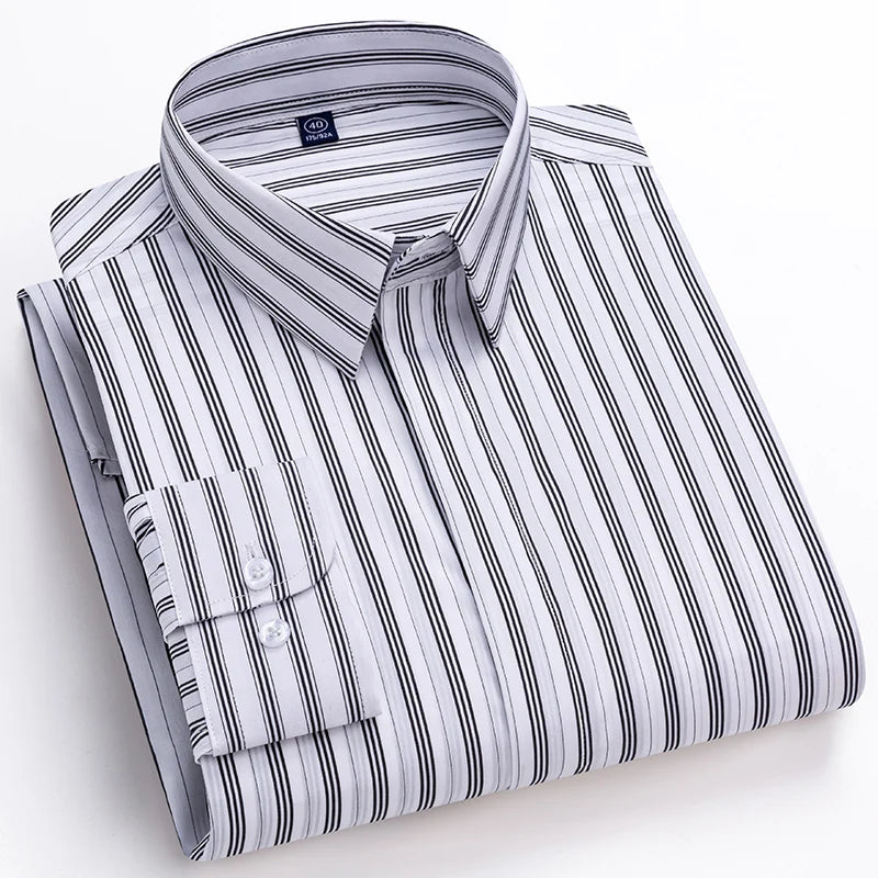 Quality Concealed Button Men Shirt Long Sleeves Dress Shirts For Men Slim Fit Camisa Social Business Blouse Stripe Shirt S-4XL