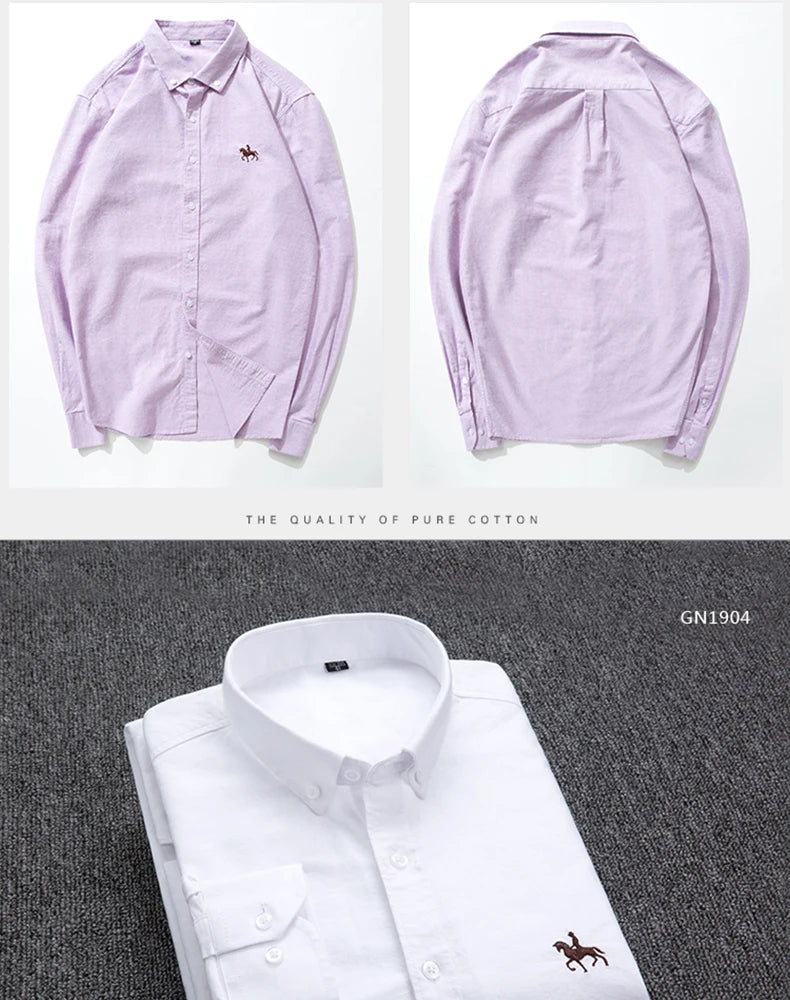 Cotton Oxford Shirt For Men Long Sleeve Plaid Striped Casual Shirts Male Pocket Regular-Fit Button-Down Work Man Dress Shirt