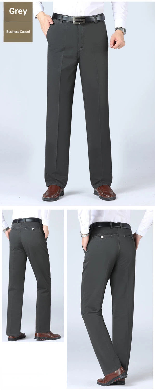 Men's Office Business 100% Cotton Pants Summer Thin & Autumn Thick High Waist Straight Loose Solid Bland Suit Slacks GOZBKF