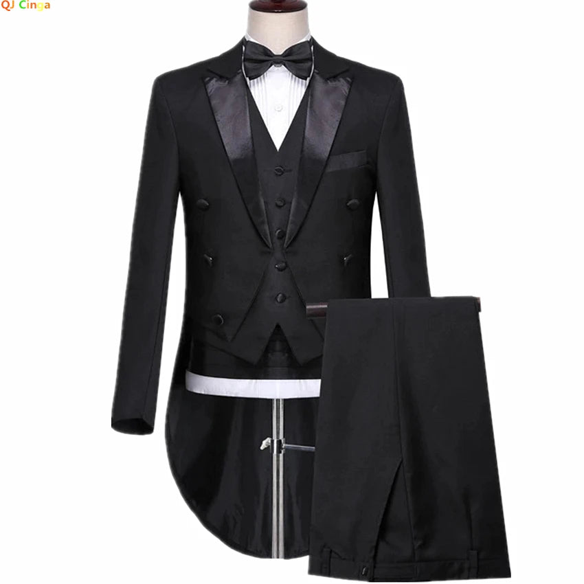 Men's Black Tuxedo Tailcoat Formal Dress Suits 3 Piece ,White Male Jacket and Pants Vest,Party Wedding Dance Magic Performance