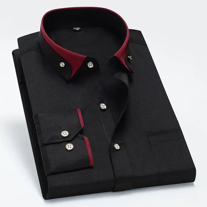 2026 Men's Long Sleeve Business Dress Shirts Solid Formal Button-Down Social Collar Camisa Elastic Anti-wrinkle Casual Men Shirt
