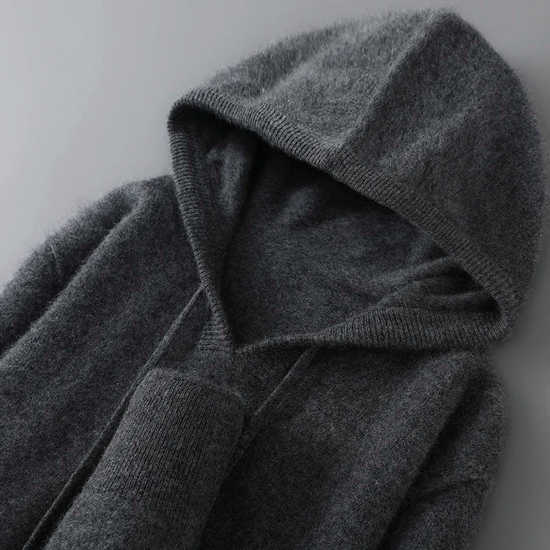 DjzDsm Autumn Winter Men's Sweater 100% Merino Wool Thick Hooded Pullover Soft Knitwear Casual Comfort Wool Clothing Tops