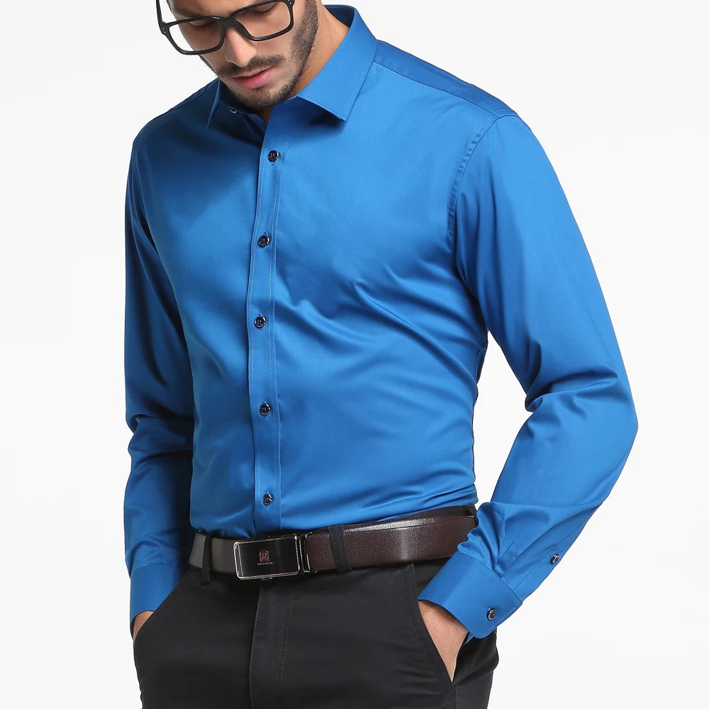Men's Business Dress Shirts Bamboo Fiber Blend Long Sleeve Solid Color Work Shirt with Lapel Collar Regular Fit for All Seasons