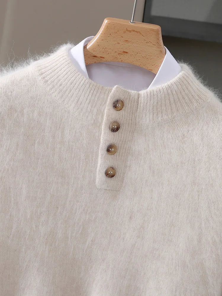 Men 100% Mink Cashmere Sweater Mock Collar Pullover with Button Autumn Winter Thicken Knitwear Smart Casual Skin Kindly Clothing