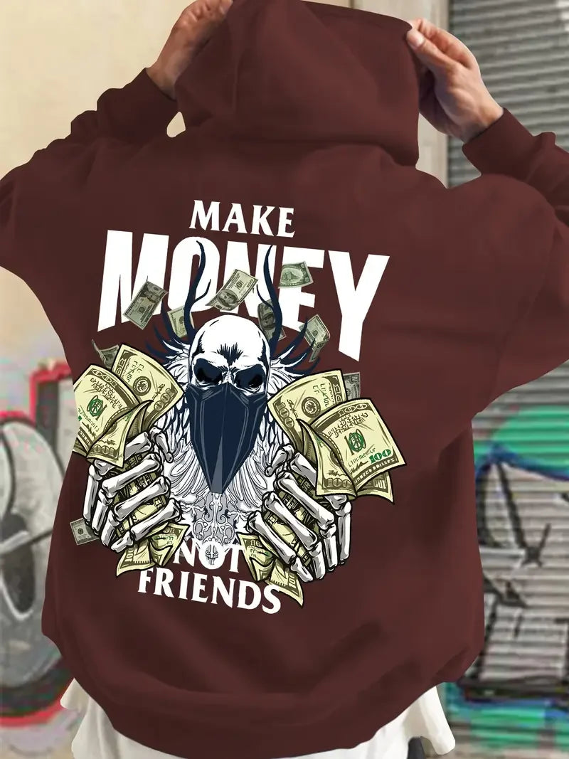 Commuting fashion men's autumn and winter must-have hooded sweatshirt Make MONEY NOT FRIENDS printed hooded sweatshirt versatile