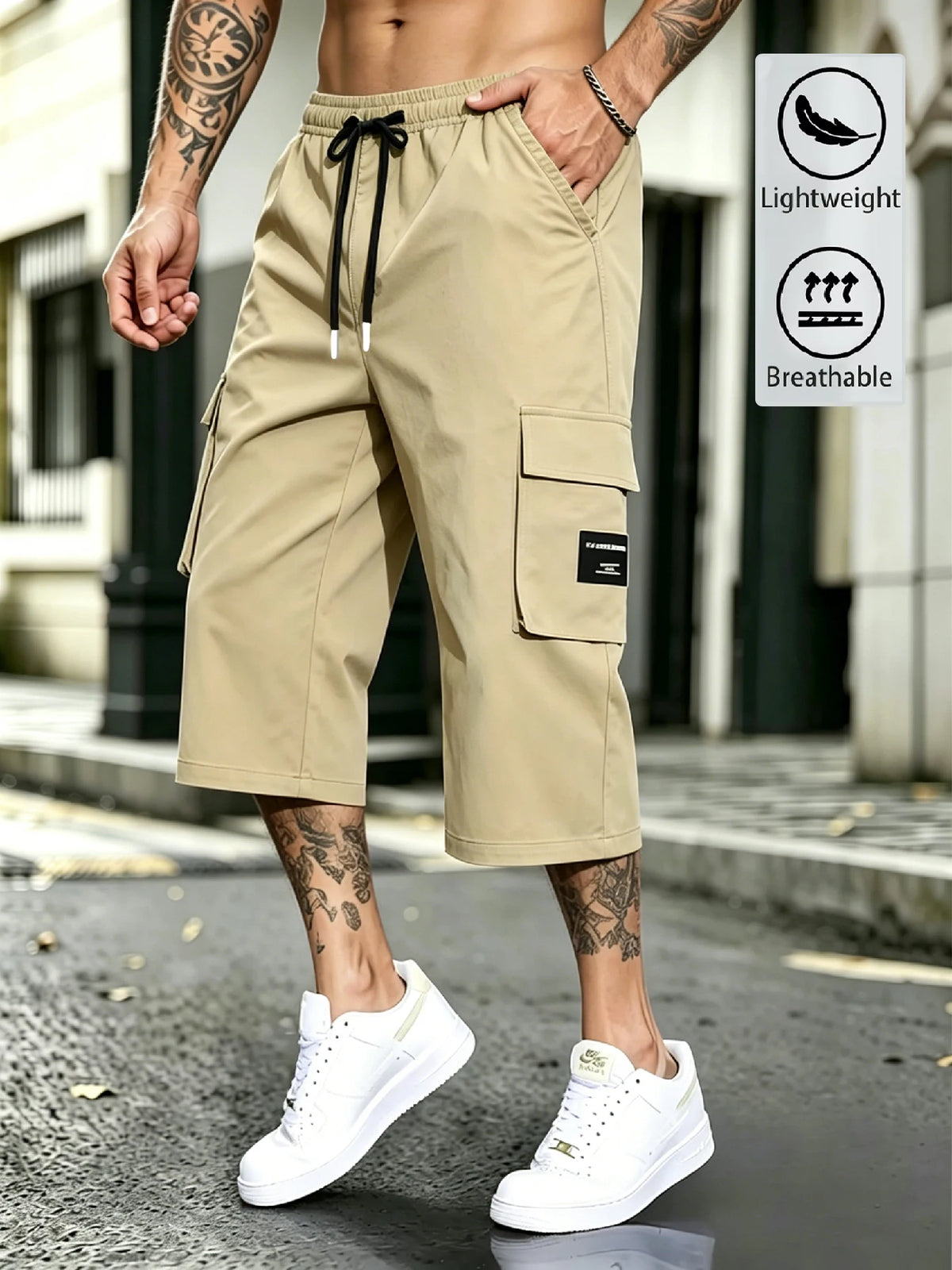 Men's Streetwear Cargo Capri Pants, Drawstring Elastic Waist, 3D Cargo Pockets with Patch, Lightweight Breathable Summer Bottoms