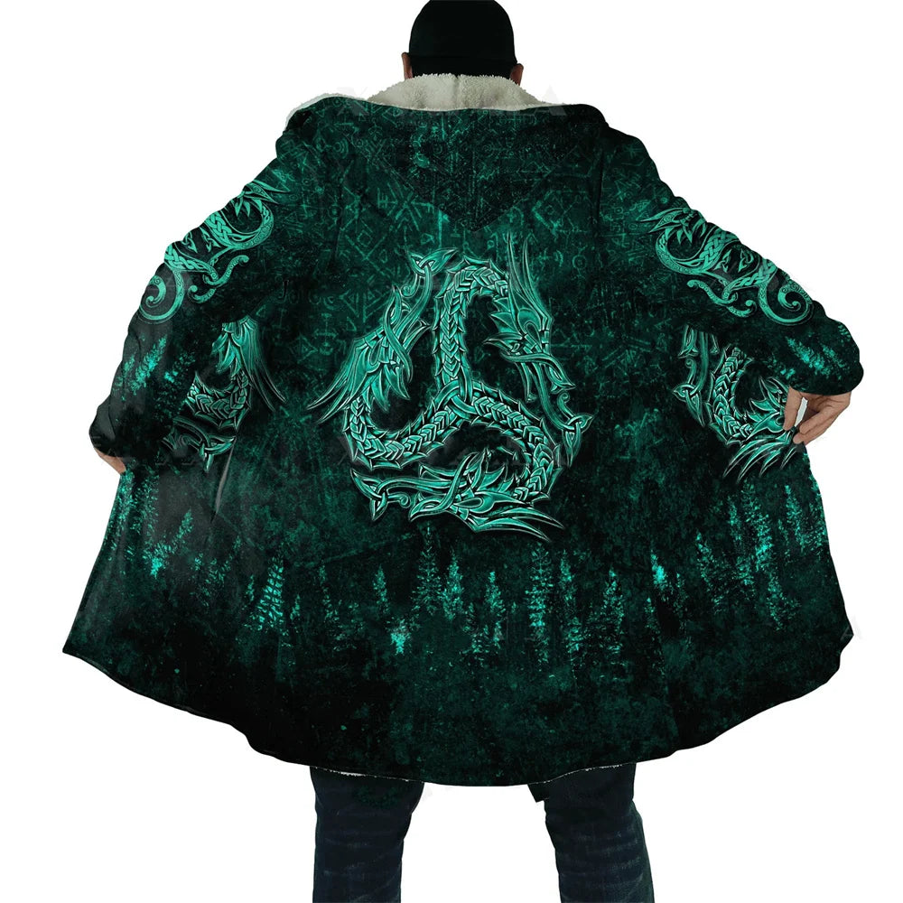 CLOOCL Thick Warm Hooded Cloak for Men Tattoo Symbol Pattern Armor Overcoat Coat 3D Print Windproof Fleece Cape Hooded Blanket