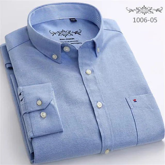 Cotton Oxford Shirt For Men Long Sleeve Plaid Striped Casual Shirts Male Pocket Regular-Fit Button-Down Work Man Dress Shirt