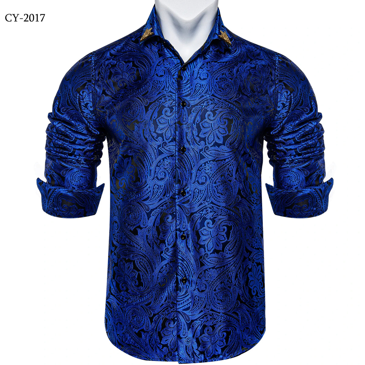 Brand New Men's Royal Blue Business Shirts Luxury Fashion Paisley Long Sleeve Turn-Down Collar Social Shirt Male Casual Blouse