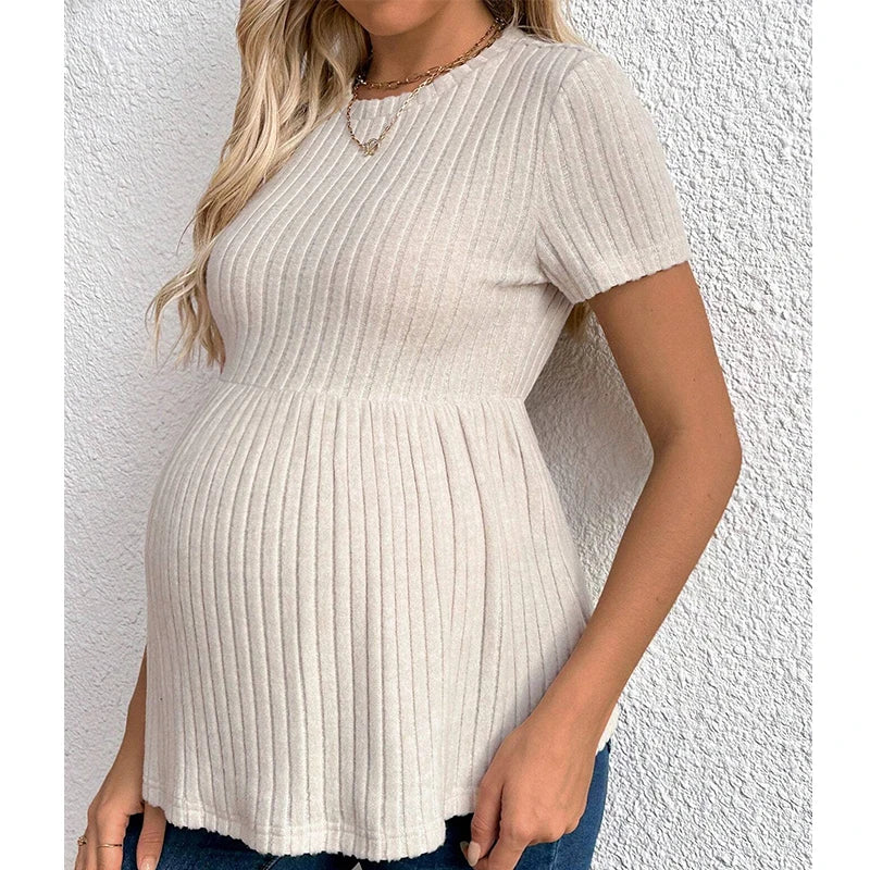 Pregnant Women Clothing Knitted Tees Maternity Clothes Pregnant Women Short Sleeve Monochrome Daily Leisure T-shirt