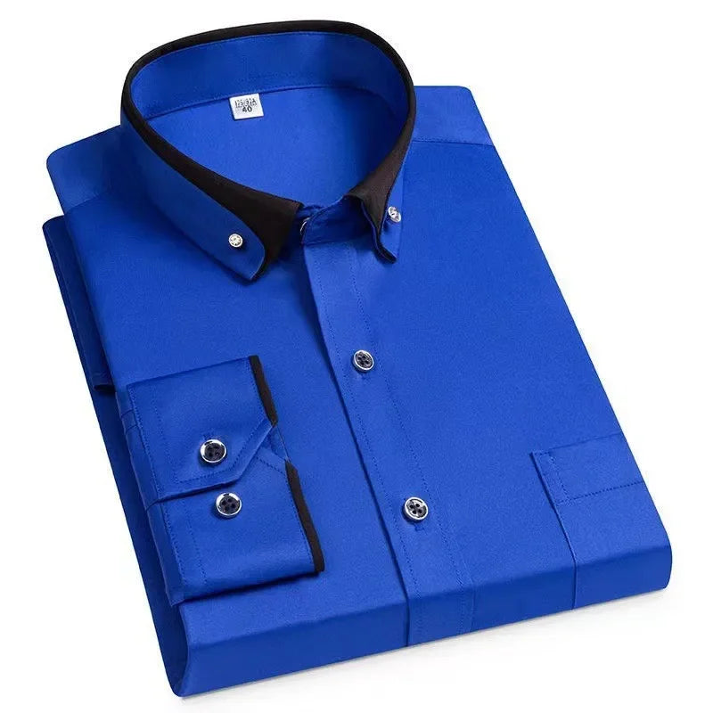 2026 Men's Long Sleeve Business Dress Shirts Solid Formal Button-Down Social Collar Camisa Elastic Anti-wrinkle Casual Men Shirt