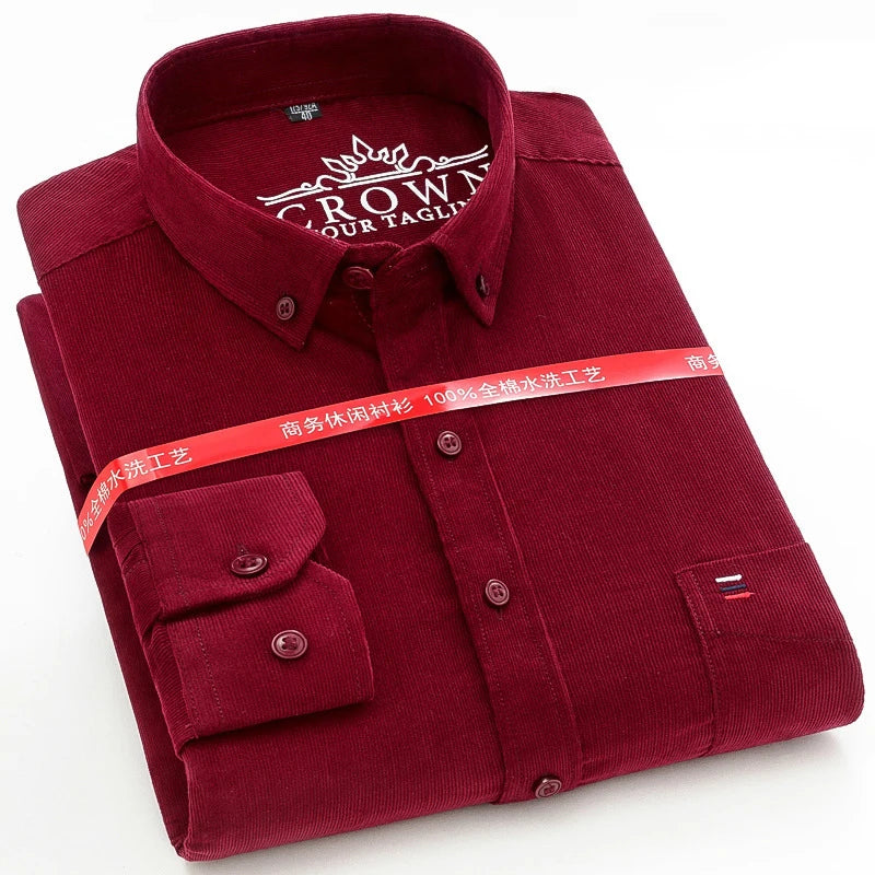 Cotton Corduroy Warm Shirts For Men New Autumn Winter Fashion Solid Color S-7XL Businessman Long Sleeve Smart Dress Casual Shirt
