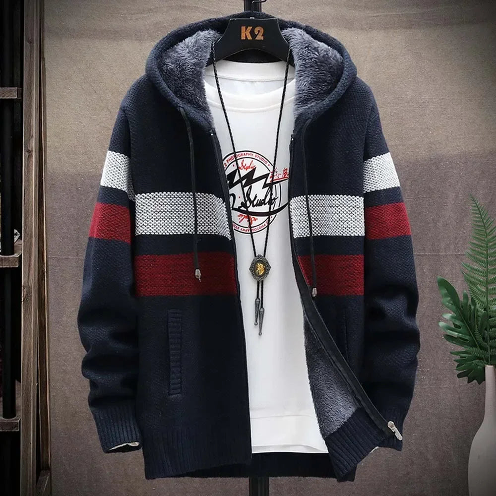 Customizable Striped Mens Sweater Coat Thick Fleece Warm Zipper Wool Hooded Cardigan Jumpers Men Long Sleeve Knitted Sweaters