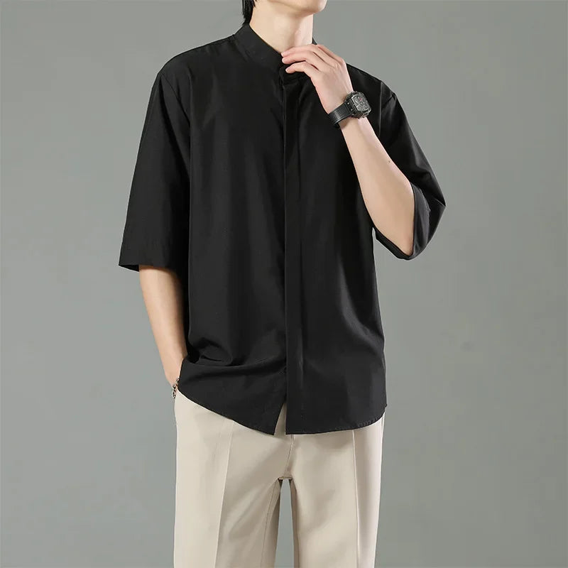 Summer Thin Short-sleeved Shirts Men Japanese Style Loose Stretch Business Casual Shirts Male No-iron Stand Collar Formal Tops