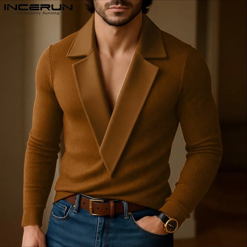 INCERUN Men Sweaters Patchwork Lapel Collar Long Sleeve Knitted Male Pullovers Streetwear 2025 Fashion Casual Men Clothing S-5XL
