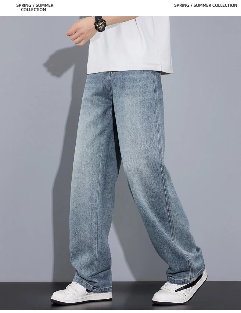 Autumn Casual Men's Straight Jeans Fashion Loose Vintage Elastic Waist Trousers Light Blue Personality Wide Pants Denim Male