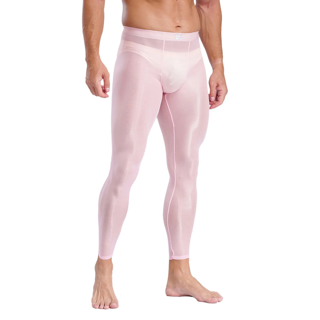 Mens Stretchy Compression Pants Skinny Sweatpants See Through Bulge Pouch Tights Ice Silky Yoga Gym Fitness Leggings Underwear