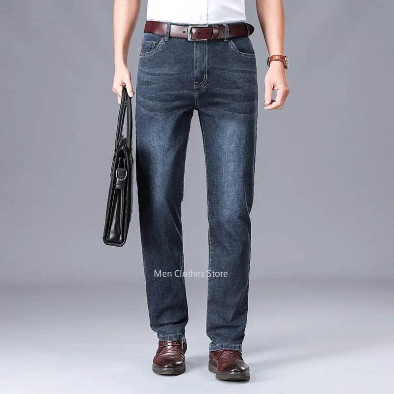 2026 Summer Thin Men's Cotton Jeans New Fashion Gray Elastic Straight Business Casual Pants Comfortable Brand Trousers