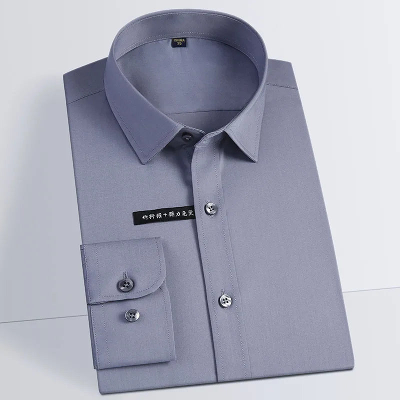 Men's Business Dress Shirts Bamboo Fiber Blend Long Sleeve Solid Color Work Shirt with Lapel Collar Regular Fit for All Seasons