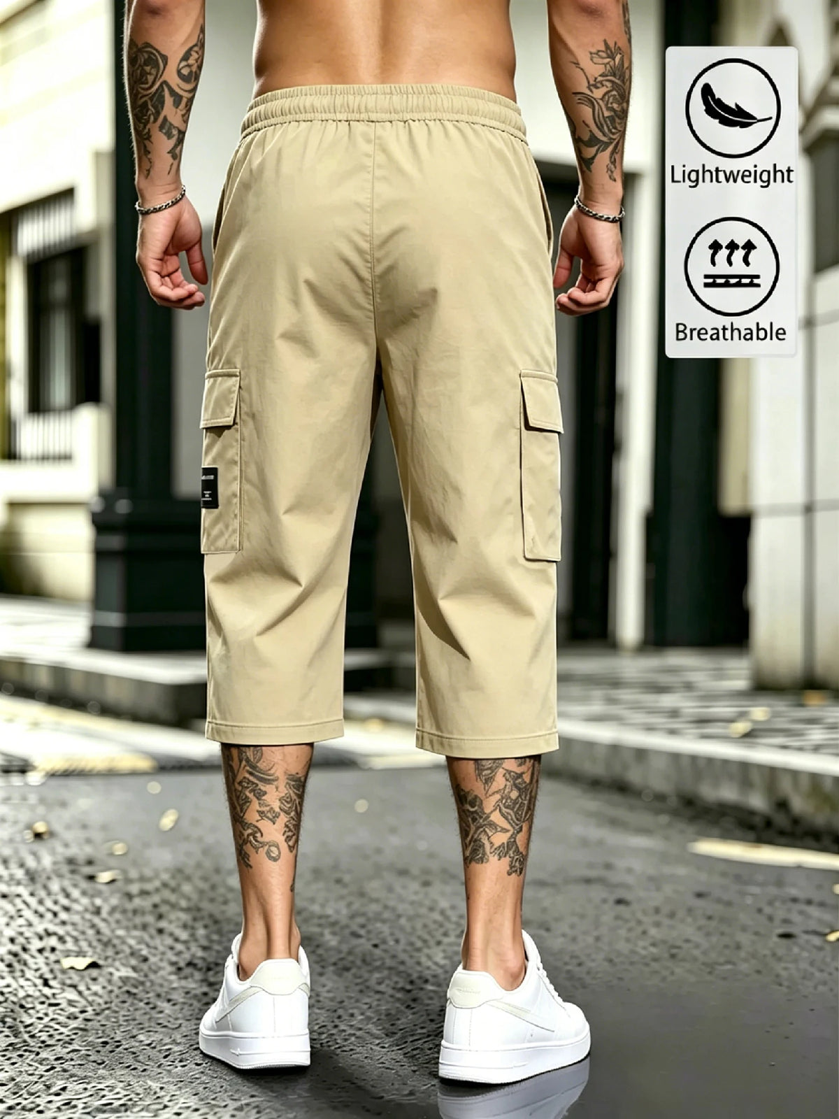 Men's Streetwear Cargo Capri Pants, Drawstring Elastic Waist, 3D Cargo Pockets with Patch, Lightweight Breathable Summer Bottoms