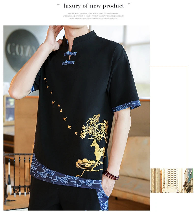 Shirts + Pants summer Cotton linen shorts sleeve shirts Men's Casual Sets Male Fashion trousers and shirts men size M-4XL TZ020