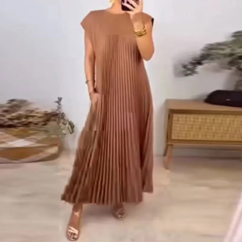 Women's Sleeveless Dress, Mid-Length Pleated Solid-Colour Round Neck Loose-Fit Casual Long Dress for Everyday Commuting