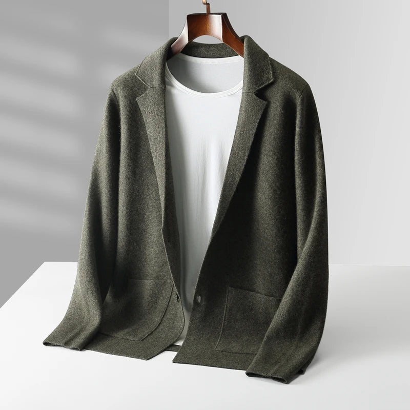 100% Pure Wool Cardigan Men's Spring And Autumn High-End Outerwear Sweater Casual Small Suit Jacket Olive Collar Sweater