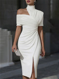 2026 New Women White Midi Dress Women's Casual Dresses Cold Shoulder Bodycon Pleated Split Wedding Guest Cocktail Outfits