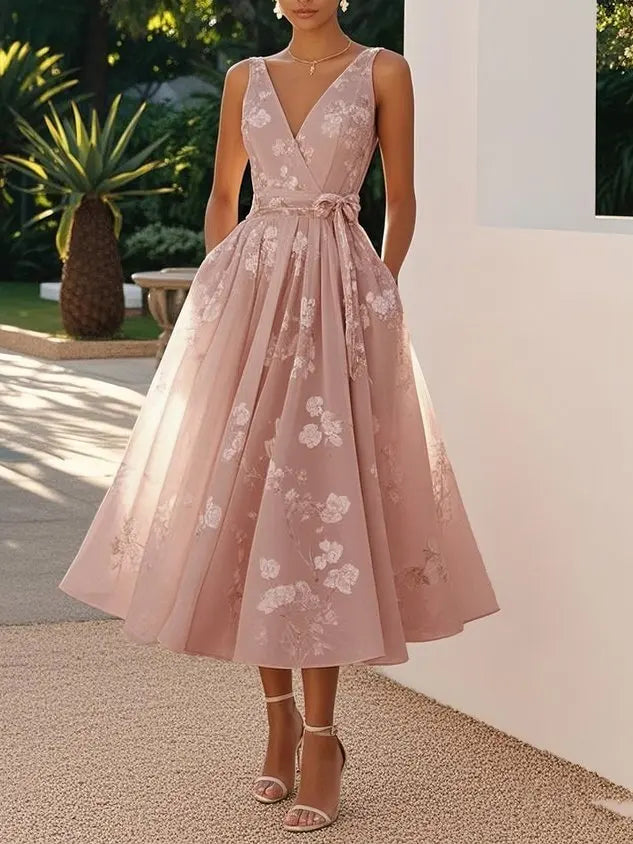 2026 Women's Dress Banquet Evening Dress Sleeveless Vest V-Neck Printed Dress