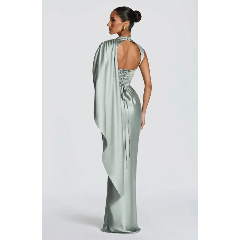 Women's Elegant Party Dresses Draped Cape Satin Evening Gown, High Neck Corset Back Formal Dress with Ruched Waist 2026