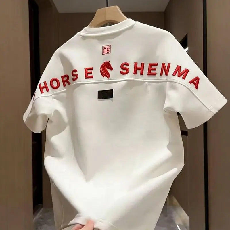 Spring 2026 Men's Versatile  Year National Trend Print Splicing Fashion Short Sleeve T-Shirt round Neck Trendy Top
