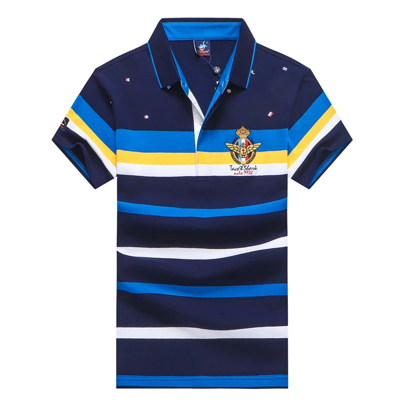 TACE&SHARK Fashion Stripe Shark Embroidery Polo Shirt Summer Men Business Shark Polos Tops Mens Casual Slim Fit Clothing