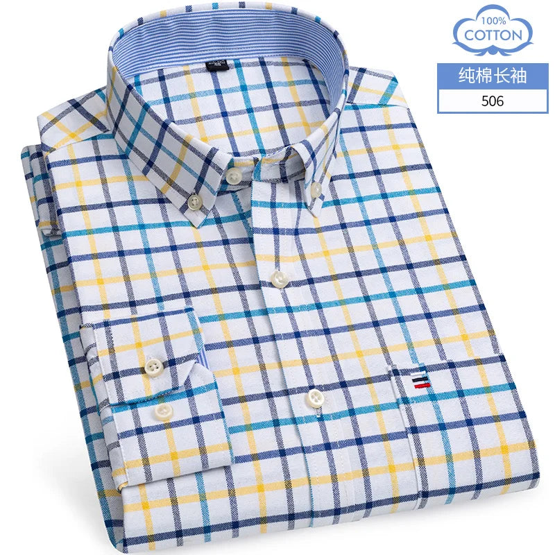 Cotton Oxford Shirt For Men Long Sleeve Plaid Striped Casual Shirts Male Pocket Regular-Fit Button-Down Work Man Dress Shirt