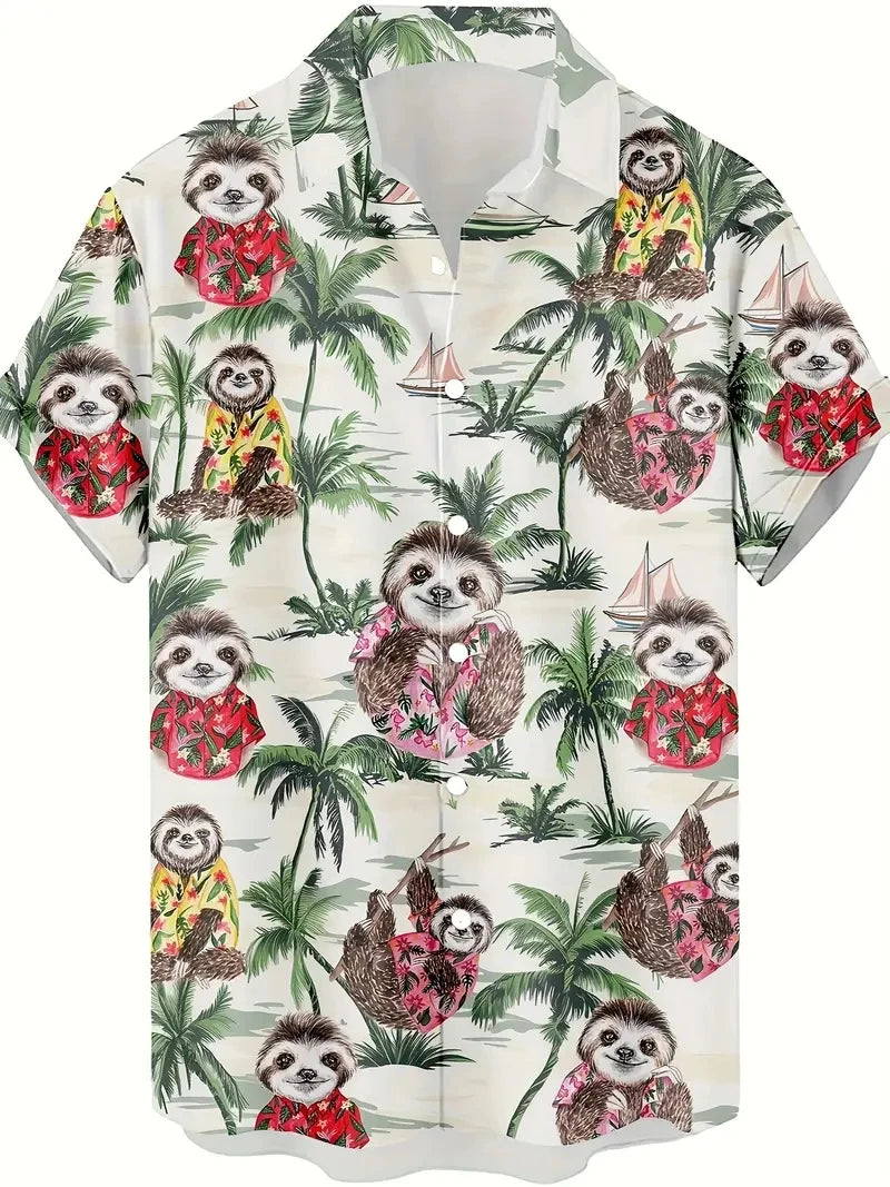 Men's Fashion 3D Printed 2025 Casual Hawaiian Shirts Funny Monkey Giraffe Cat Graphic Blouses Short Sleeve Button Shirt Tops