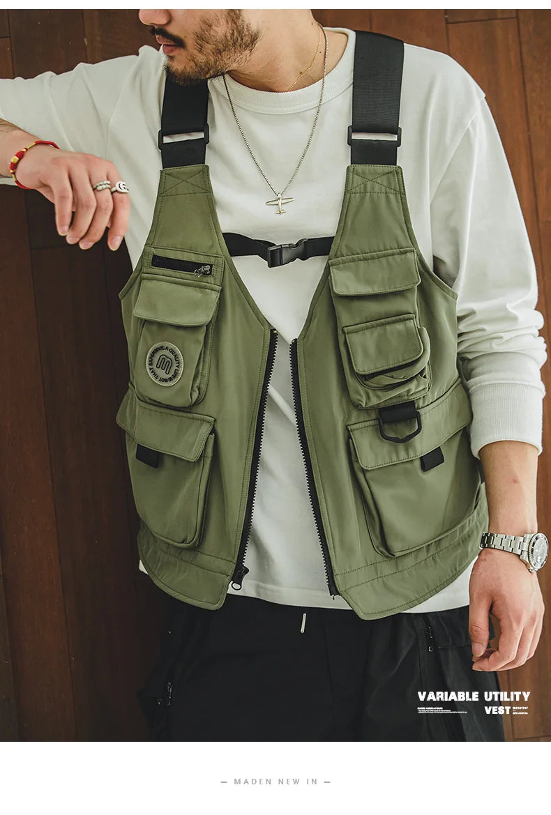 Maden Men Multi-pocket Tactical Vest Jacket & Bag Japan Retro Multi-function Photography Waistcoat Wide Shoulder Strap Solid Bag