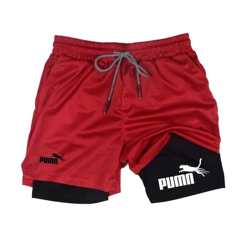 Men's Quick Dry Breathable 2-in-1 Double Layer Sports Shorts, Elastic Compression Liner Athletic Shorts