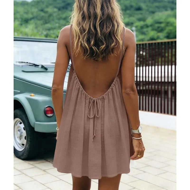 Women's Dress 2026 Summer Arrival Solid Color Fine Strap Flowing A-Line Skirt Casual Vacation Style with Elegant Backless Design