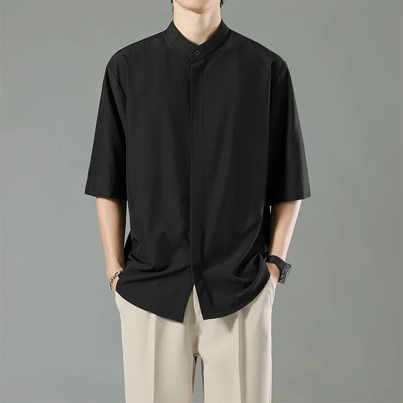 Summer Thin Short-sleeved Shirts Men Japanese Style Loose Stretch Business Casual Shirts Male No-iron Stand Collar Formal Tops