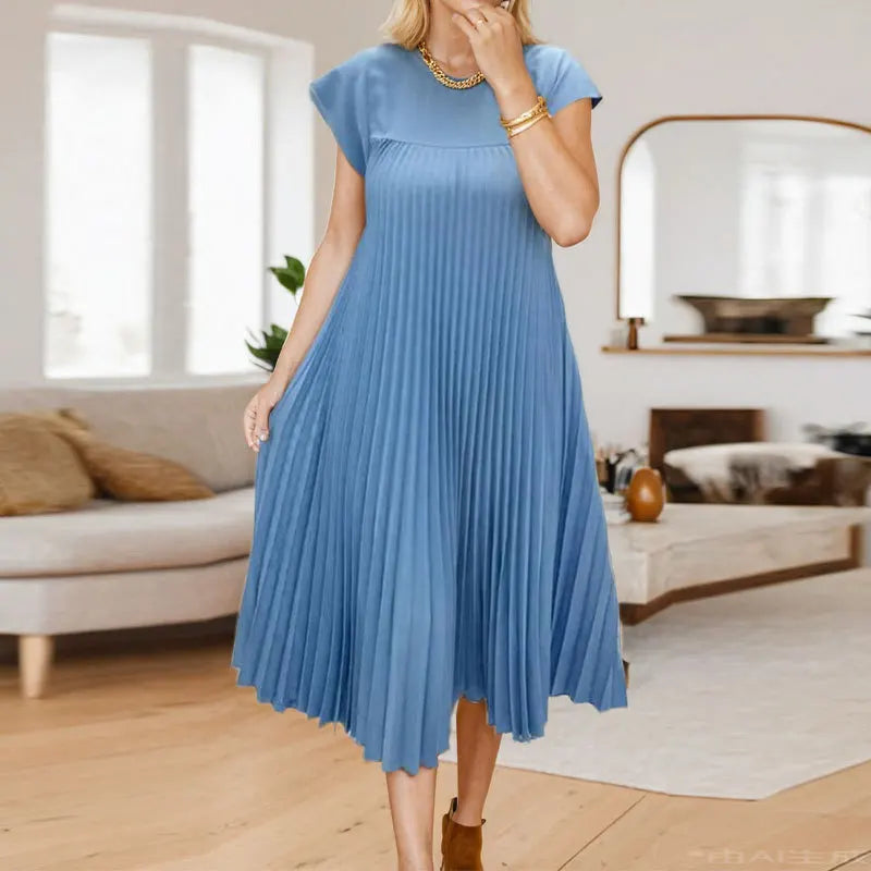 Women's Sleeveless Dress, Mid-Length Pleated Solid-Colour Round Neck Loose-Fit Casual Long Dress for Everyday Commuting
