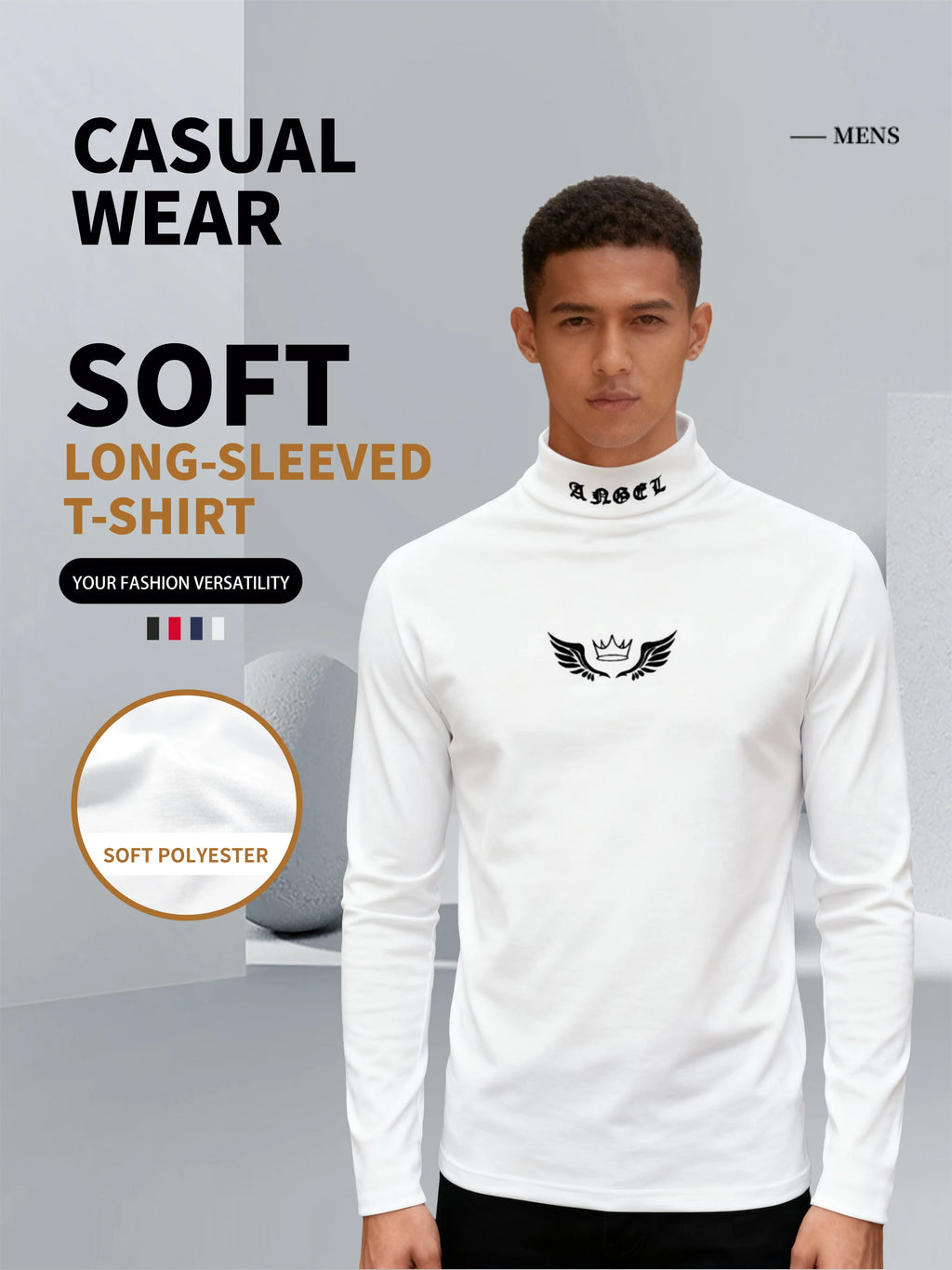 Men's Autumn and Winter Season T-Shirt with Angel Wings, Letter Print on the Neckline, Casual and Comfortable Long-Sleeve Crew N