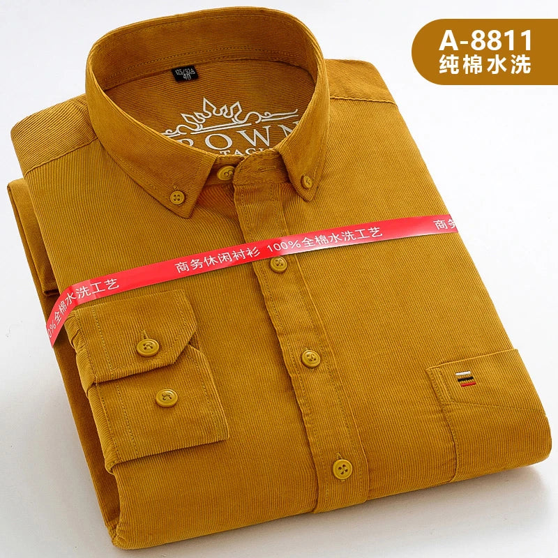 Cotton Corduroy Warm Shirts For Men New Autumn Winter Fashion Solid Color S-7XL Businessman Long Sleeve Smart Dress Casual Shirt
