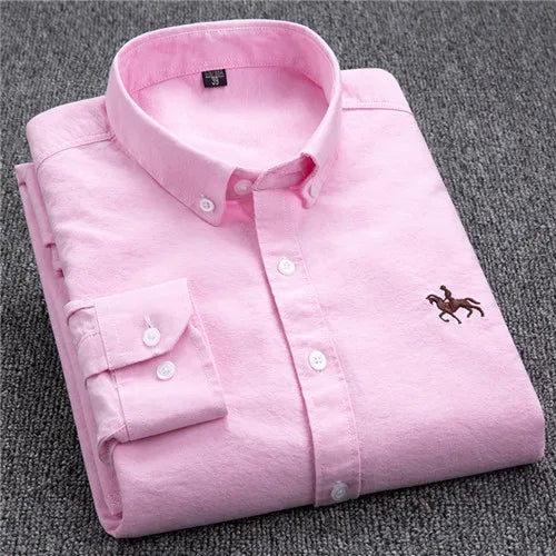 Cotton Oxford Shirt For Men Long Sleeve Plaid Striped Casual Shirts Male Pocket Regular-Fit Button-Down Work Man Dress Shirt