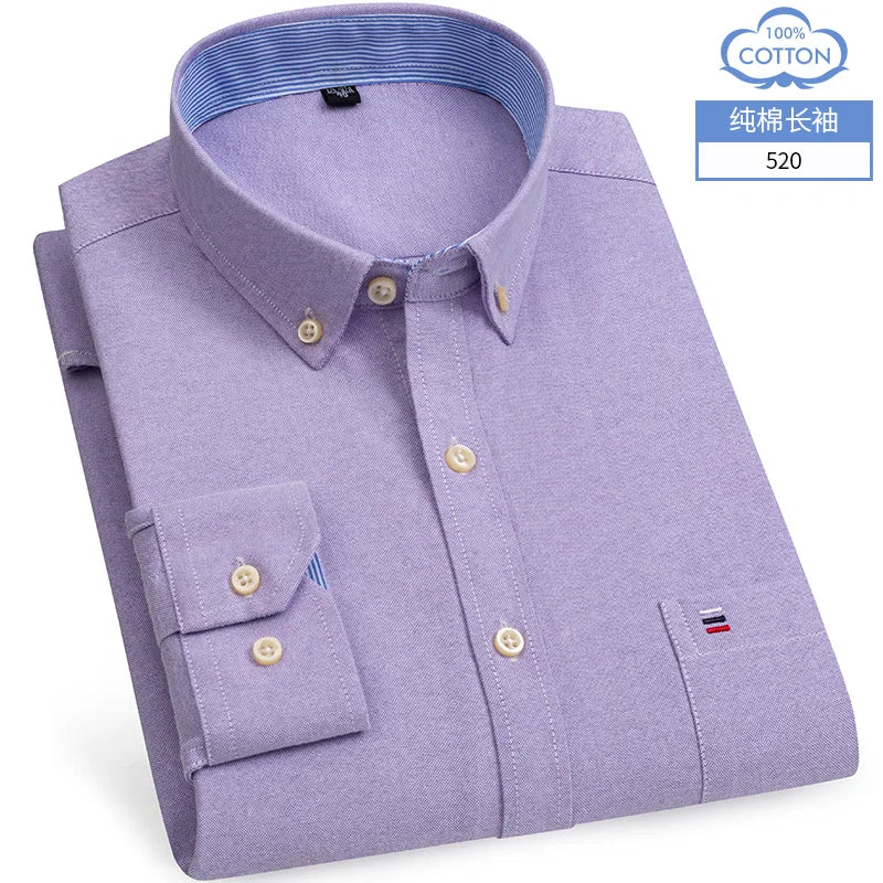 Cotton Oxford Shirt For Men Long Sleeve Plaid Striped Casual Shirts Male Pocket Regular-Fit Button-Down Work Man Dress Shirt