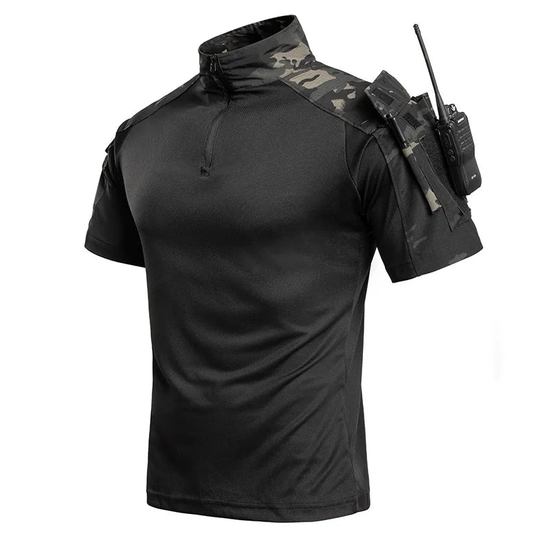 Summer Breathable Quick Dry Mens Tactical Combat Short Sleeve T-Shirts Half Zip Stand Collar Radio Pen Storage Arm Pocket Tee