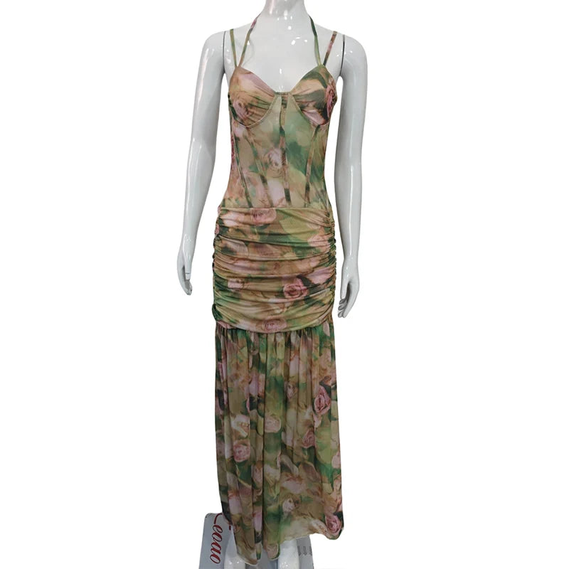 Dress Dresses Women Spring Summer Sexy Cami Printed Vacation Beach High Waist Split Evening Dress