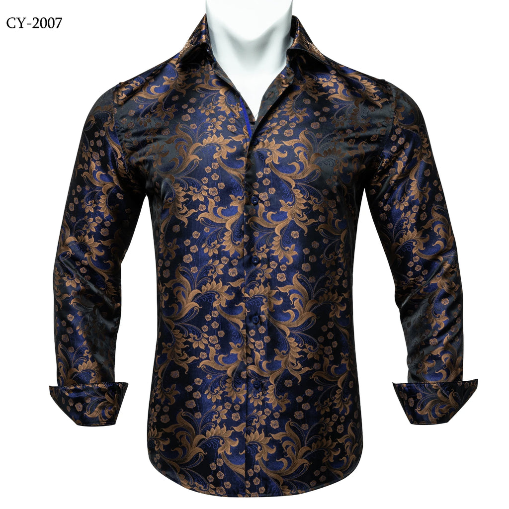 Brand New Men's Royal Blue Business Shirts Luxury Fashion Paisley Long Sleeve Turn-Down Collar Social Shirt Male Casual Blouse