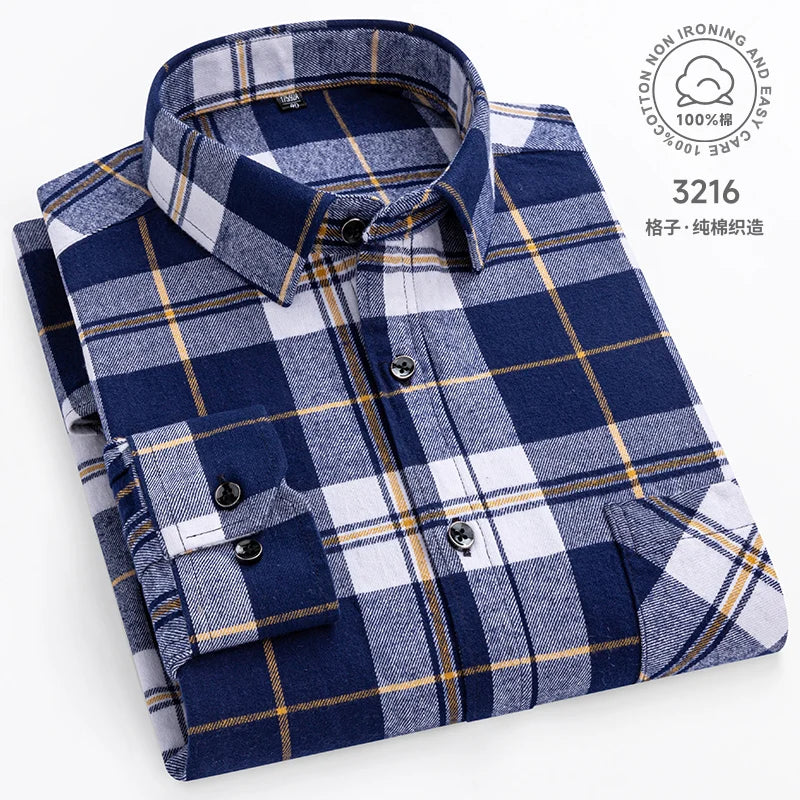 Cotton Plaid Casual Long Sleeve Shirts For Man M-11XL Plus Size Winter Warm Flannel Chic Clothes Business Smart Dress Shirts Top