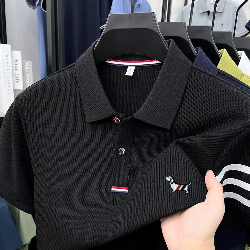 100% Cotton Summer Men's Short-Sleeved Polo Shirt Lapel Button Striped Print Business Casual Golf High-Quality Men's Clothing