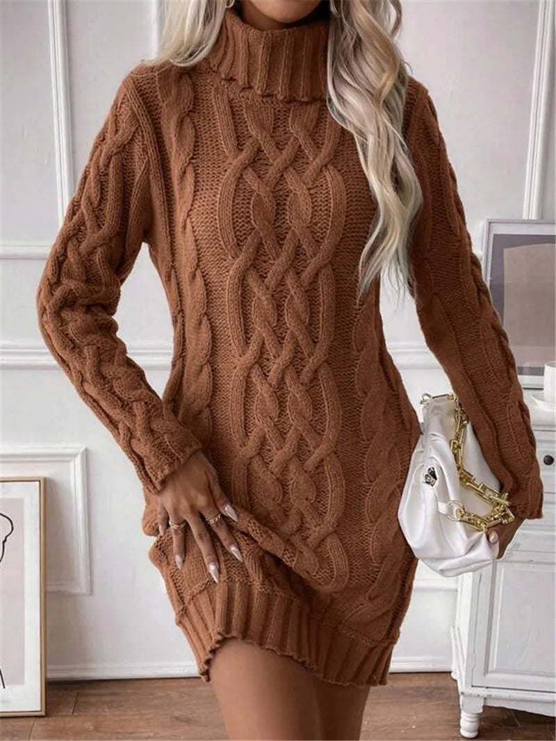 Sweater Dresses Women Autumn Twisted Ribbed Knitted Long Sleeve Turtleneck Mini Casual Solid Dresses Winter Streetwear